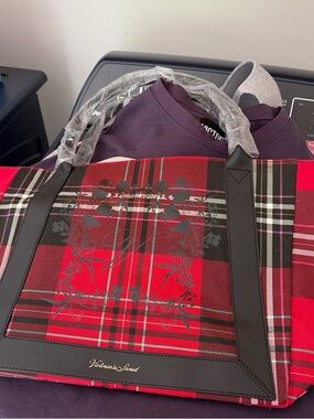 Victoria's Secret Red and Black Plaid Tote with Floral Crest